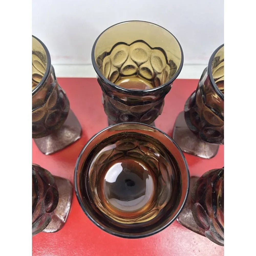 Vintage Amber Glass Tumblers‎ Set of 6 Textured Diamond Cut Base Hobnail MCM